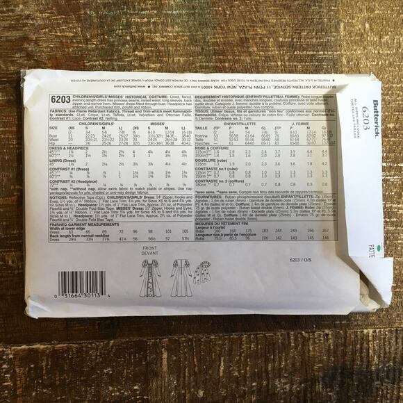 Butterick Sewing Pattern 6203 Misses Girl Renaissance Medieval Costume UNCUT - Picture 2 of 2